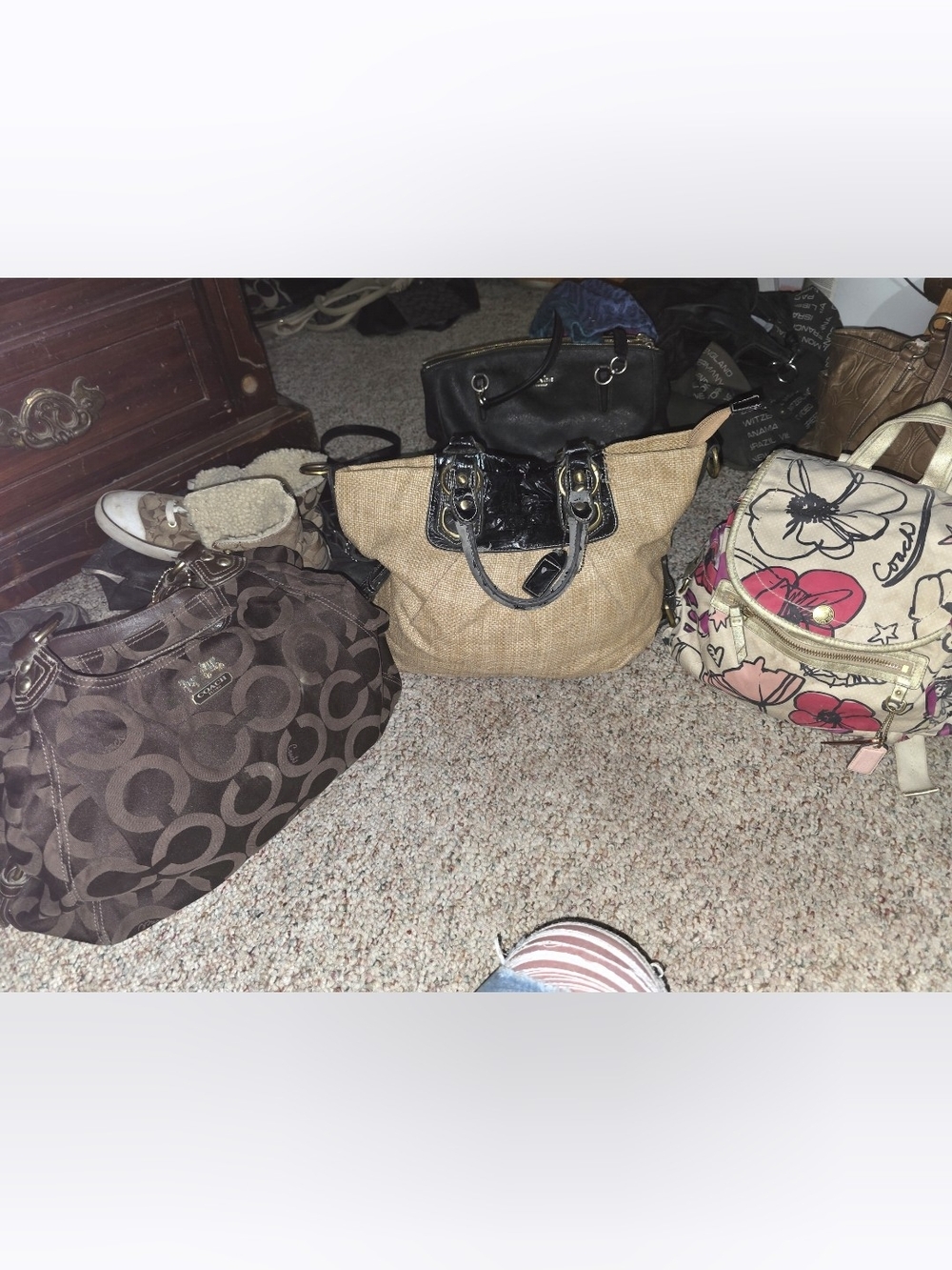 Coach Brown and Tan Logo Canvas Tote with Black Trim ( These Needs Repairs)
